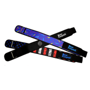 Black belt crossing over lightning belt and stars and stripes belt