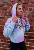 woman wearing Cotton Candy Cropped with hoodie up
