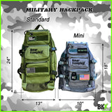 Showing difference in the Standard Military Backpack and the mini military backpack