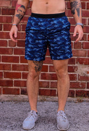 Showing close up of Blue Camo Training Shorts