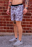 Man wearing Grey Camo Training Shorts side view