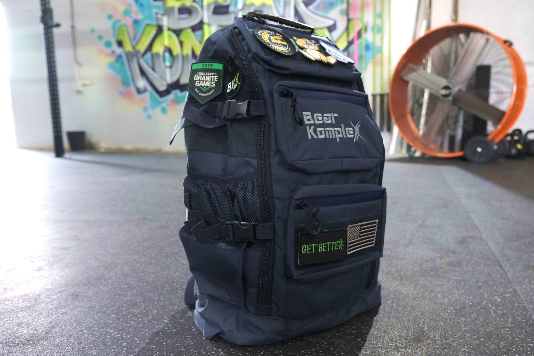 Navy backpack close up showing front view 