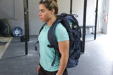 Woman wearing backpack showing front view