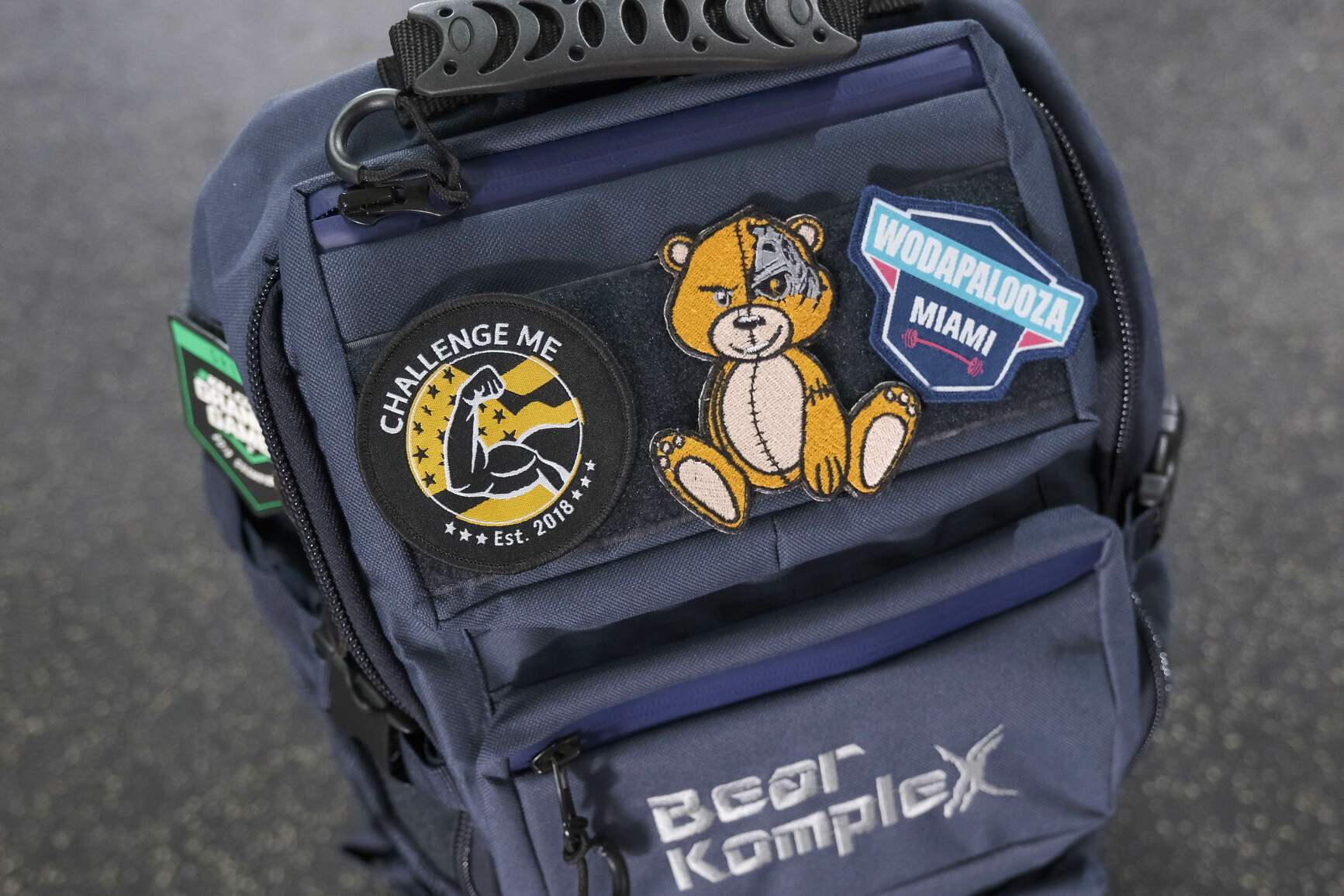 Navy backpack close up showing top view 